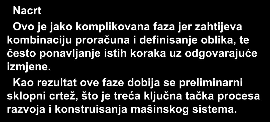 Nacrt Ovo je jako komplikovana faza jer zahtijeva kombinaciju proračuna i definisanje oblika, te često ponavljanje istih koraka uz odgovarajuće izmjene.