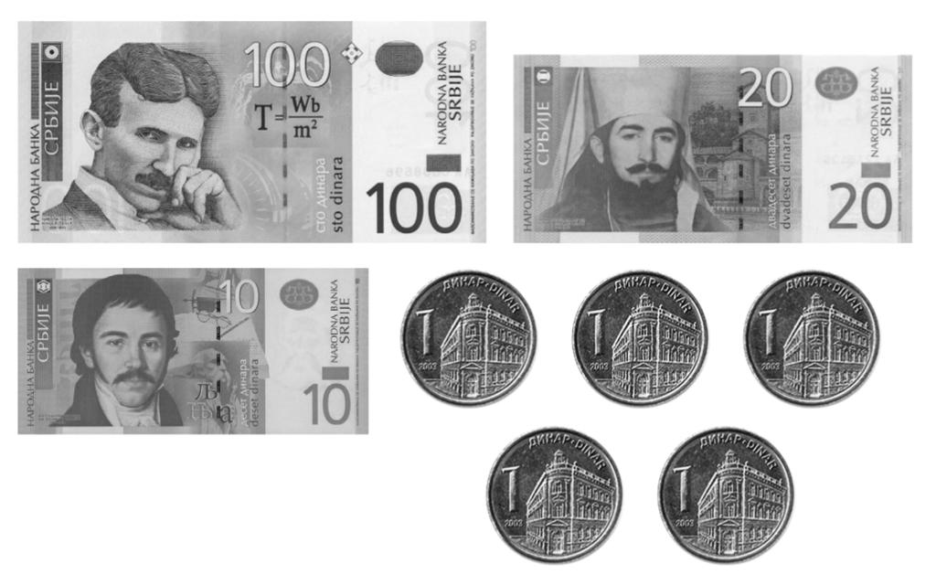 99. Ovidiu a avut în portmoneu banii reprezentaţi în imagine. La librărie a cumpărat un creion cu de dinari, o radieră cu 7 dinari şi o carte cu 90 de dinari. Câţi bani i-au mai rămas lui Ovidiu?