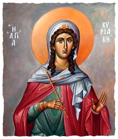 child of Dorotheus and Eusebia. Since she was born o n a S u n d a y (Kyriake, in Greek), she was named Kyriake. One day a wealthy magistrate wished to betroth Kyriake to his son.
