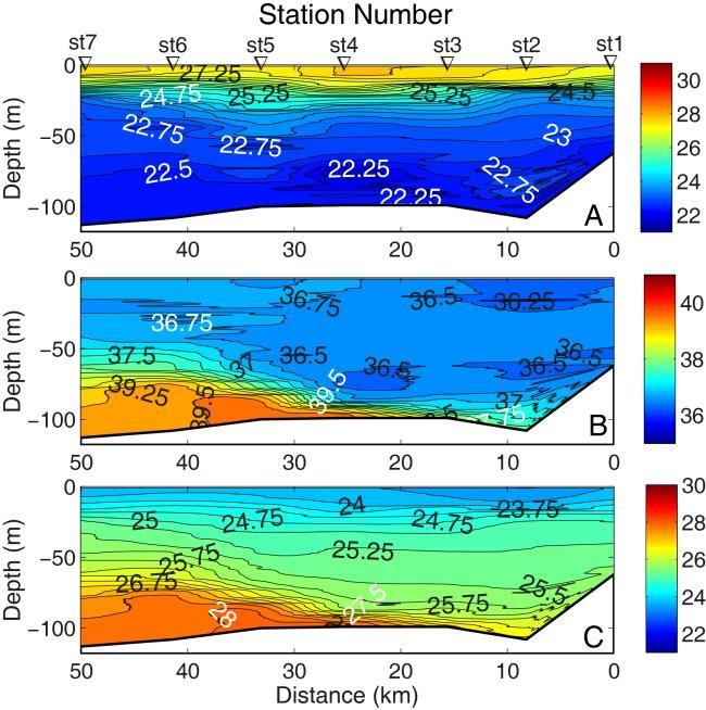 مطالعهي پارامترهاي فیزیکی آب در تنگهي هرمز گرمایی از عمق 50 متري تا بستر و مابین ایستگاههاي 1 و 4 تشکیل شده است (شکلهاي 8A 9A و 7A). جبهه دیگري مابین ایستگاههاي 8 و 9 و در عمق 40 متري مشاهده میشود.