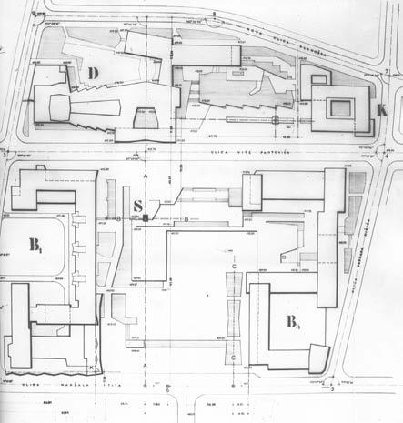 Слика 1. Трг партизана, урбанистичко решење (1958) Fig. 1. Partisan`s square, urban design (1958) Простор који захвата Трг партизана ограничен је са четири улице на четири блока.