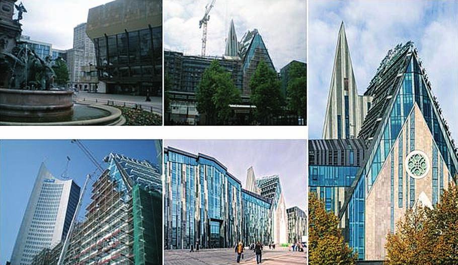 Сл. 1. Локације у Лајпцигу: 1. Аугустусплац, 2. Железничка станица, правци пешачких улица (горе, лево; цртеж аутора на подлози Google maps), урбанистички план (горе десно, извор: https://english.