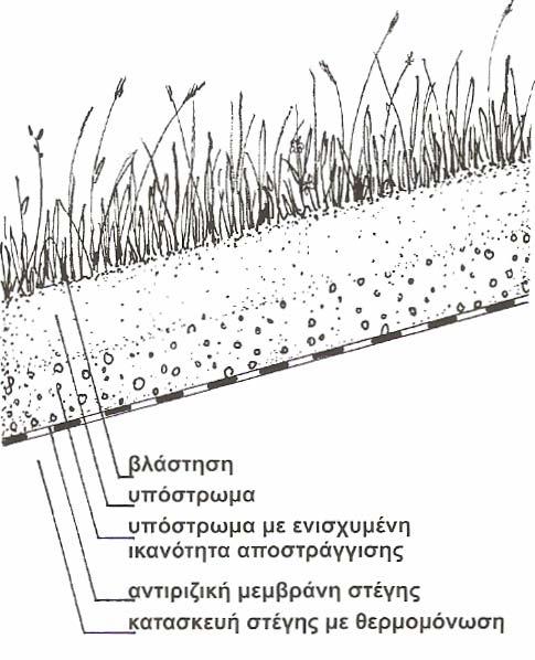 Αυτή η κλίση δίνει τη δυνατότητα εύκολης και πολύ οικονομικής διαμόρφωσης φυτεμένης στέγης.