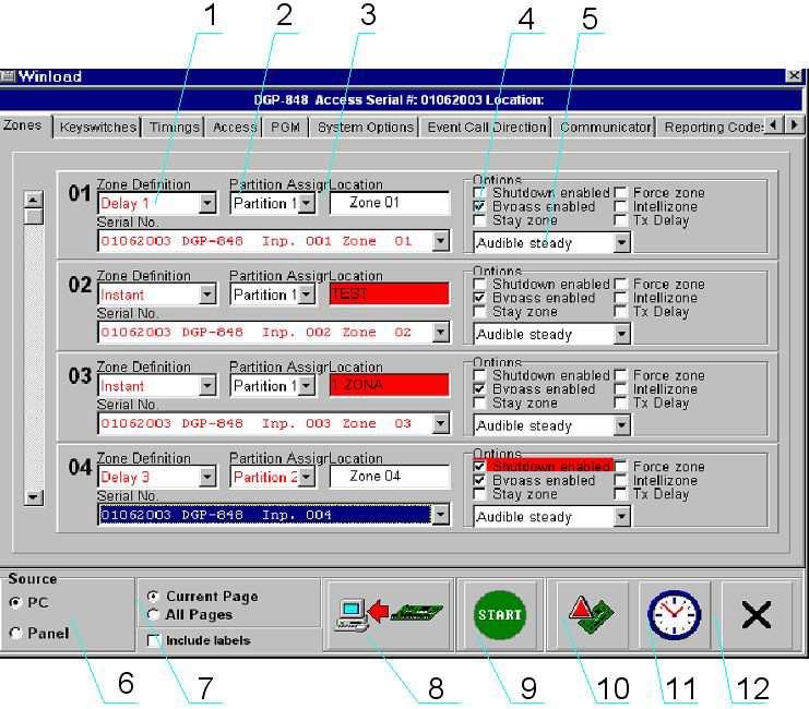 78 7.6.1.Pagrindiniai programavimo langai 7.14 pav. Zonų parametrai ir pagrindinės funkcijos 1. Zonos paskirtis. 2. Sričių priskyrimas. 3.