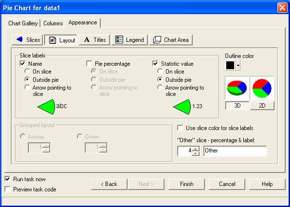 אופצית Layout תת מסך Slice labels Name מיקום תוויות הפלח On slice מיקום התוויות על הפלח Outside pie מיקום התוויות מחוץ ל"עוגה" Arrow pointing to