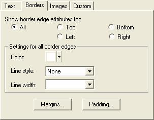 לשונית Borders בלשונית זו ניתן להחליט על סגנון הגבולות, ניתן לקבוע צבע, סוג הקו ועובי הקו לגבי כל התא בטבלה או
