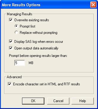 כפתור More Results Options תת חלון Managing Results Overwrite results אוטומטית החלף תוצאות קיימות בתוצאות חדשות עבור אותה משימה. Prompt first ייצא חלון עם שאלה האם ברצוננו להחליף את התוצאות.