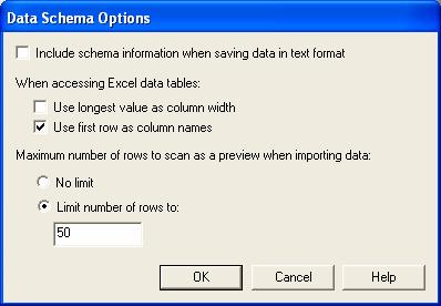 כפתור Data Schema Options When accessing Excel data tables Use longest value as column width קביעת רוחב העמודה לאורך הערך הגדול ביותר.