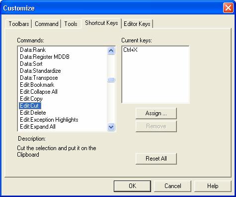 לשונית Shortcut Keys בלשונית זו ניתן לשייך כפתורי קיצור דרך באמצעות מקשי המקלדת, כלומר ע"י קיצורי הדרך נפעיל משימות/פקודות מסוימות. לדוגמה : Ctrl+C הינו קיצור דרך לפעולה של "העתק".