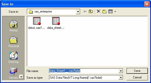 .(sas7bdat סיומת (בעלי Sas data files - יתקבל המסך הבא : במסך זה עלינו לתת שם לקובץ ולשמור כסוג 2. יש לפתוח את קובץ הנתונים החדש ע"י File Open או ע"י.