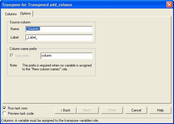 לשונית Options Name שם העמודה שתחתיה יופיעו שמות המשתנים שהפכו לשורות, ברירת המחדל הינה.