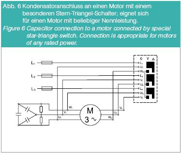 Slika 6.: Priključak kondenzatora na motor priključen specijalnom zvijezda-trokut sklopkom. Priključak je prikladan za motore bilo koje nazivne snage.