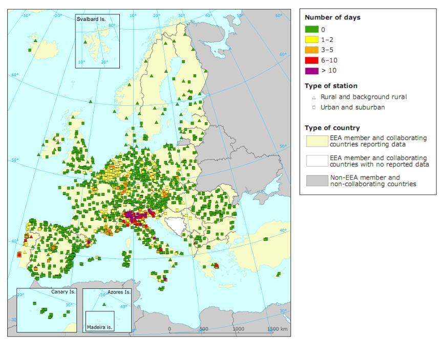 prosjeka od 1997. godine. U sjevernoj Europi nije bilo prekoračenja praga obavješćivanja u 2013. godini.