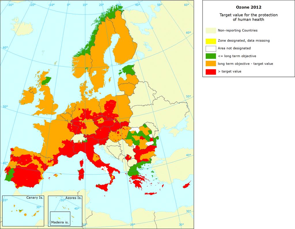 Prema podacima EEA o prekoračenju najviših 8-satnih vrijednosti za ozon dostupnih za 2012. godinu, u većem dijelu Europe (pretežno na području Mediterana) u 2012.