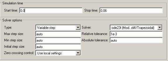 Opcija: Solver Simulation Time: U ovoj podopciji se određuje vrijeme pokretanja (Start time) i vrijeme zaustavljanja simulacije (Stop time).
