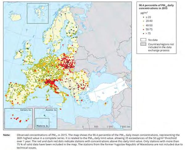 Εικόνα 4-4: Ημερήσιες συγκεντρώσεις PM 10 για το έτος 2015 στην Ευρώπη [54] Εικόνα 4-5: Συγκεντρώσεις PM 2.