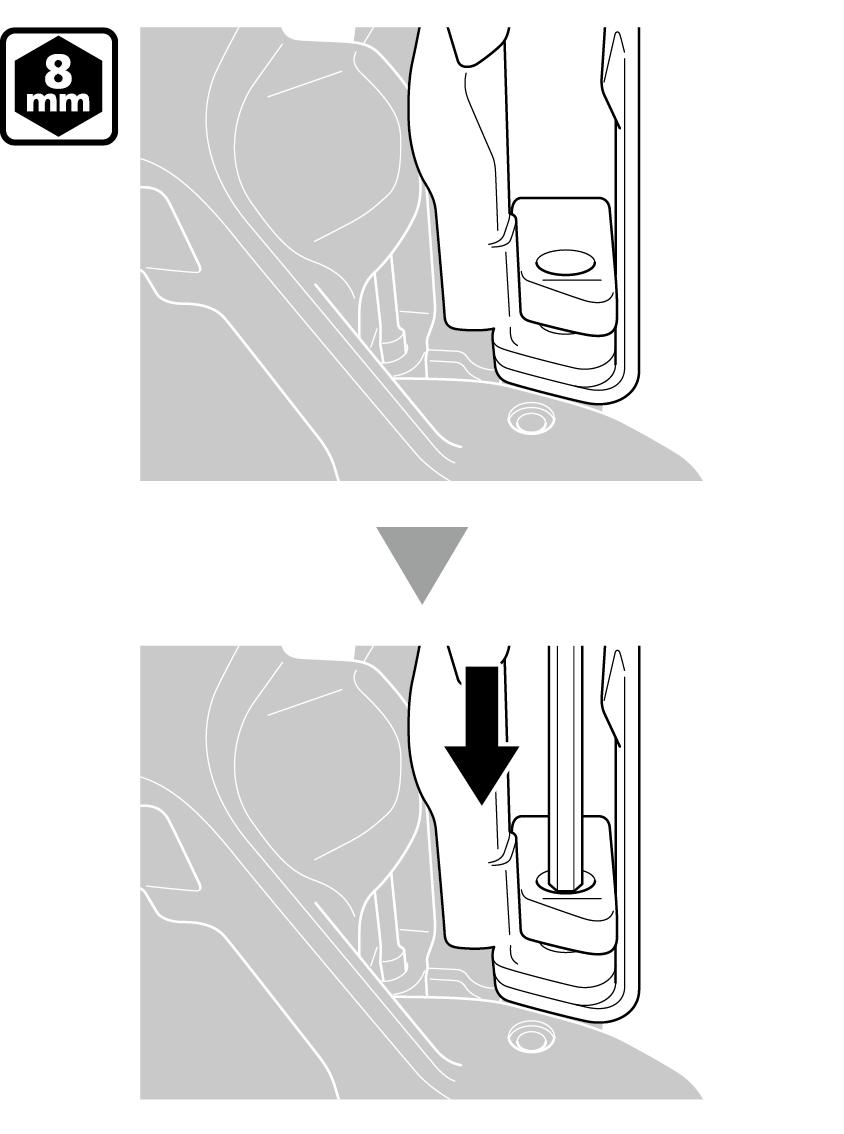ΣΥΝΤΗΡΗΣΗ 2. Ευθυγραμμίστε την προεξοχή του ελαστικού επιθέματος Α με την οπή του οδηγού αλυσίδας. Πιέστε ελαφρά προς τα μέσα το ελαστικό επίθεμα Α με ένα κλειδί allen 8 mm.