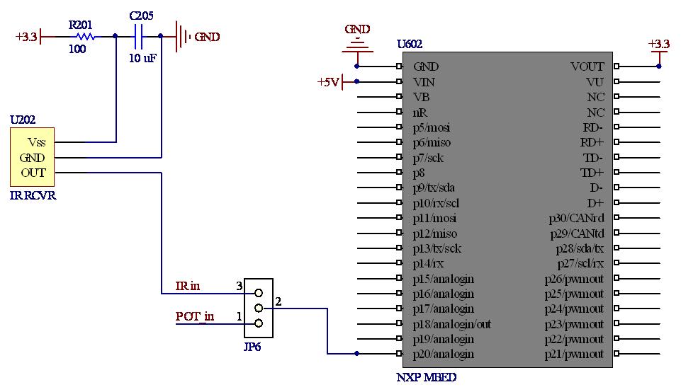 IR пријемник IR пријемник прима сигнал из инфрацрвеног спектра светлости, послат од стране даљинског управљача или сличног уређаја и претвара га у одговарајућу поворку битова које микроконтролер може