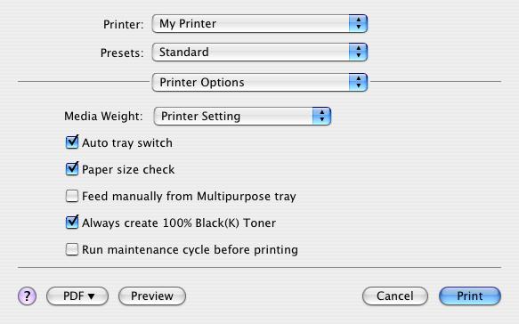 Επιλογές διαµόρφωσης σελίδας Printer Options (Επιλογές εκτυπωτή) Media weight (Βάρος χαρτιού) Επιλέξτε το πάχος/τύπο του χαρτιού στον εκτυπωτή.