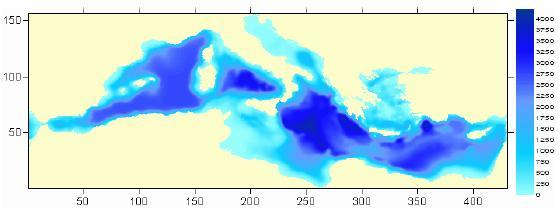 Κεφάλαιο 6 ο [Πλημμυρικά Σενάρια] Εικόνα 29: Βαθυμετρία και γεωμετρία μοντέλου μετεωρολογικής παλίρροιας (πηγή: [42]) Ο κάνναβος καλύπτει όλη την περιοχή της Μεσογείου με μοναδικό ανοικτό όριο στα