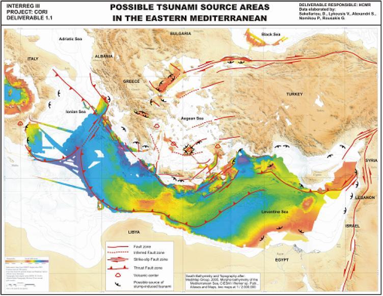 Κεφάλαιο 6 ο [Πλημμυρικά Σενάρια] Εικόνα 36: Χάρτης πιθανών τσουναμογενών περιοχών στην Ανατολική Μεσόγειο (πηγή: [43], [44]) 6.3.2.