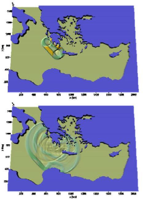 Κεφάλαιο 6 ο [Πλημμυρικά Σενάρια] Εικόνα 42: Προσομοίωση της γένεσης και μετάδοσης τσουνάμι ΝΔ της Πελοποννήσου.