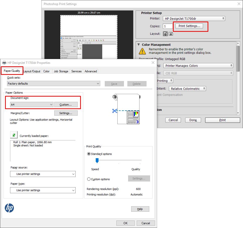 2. Κάντε κλικ στην επιλογή Print settings (Ρυθμίσεις εκτύπωσης) και, στη συνέχεια, επιλέξτε την καρτέλα Paper/quality (Χαρτί/Ποιότητα). 3. Επιλέξτε από τα διαθέσιμα μεγέθη χαρτιού.