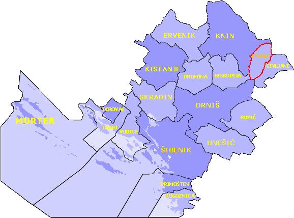Slika 1: Općina Kijevo u Šibensko-kninskoj Županiji U sastavu Općine nalazi se jedno administrativno središte, općinsko naselje Kijevo i sljedeći zaseoci: Bajani, Centar, Cicvarići, Čavke, Ercegovci,