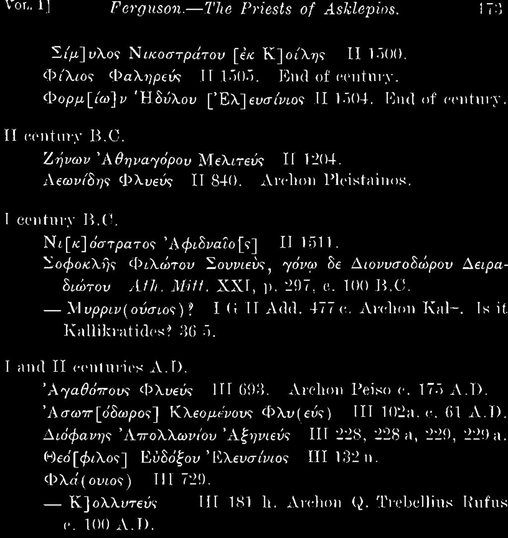 Άγαθόπους ΦΧυενς III 693. Archon Peiso c. 175 A.D. 'Ασωττ [ο'δωρος ] ΚΧεομβνους ΦΧυ(βύς) III 102a. C. 61 A.D. Αιόφανης 'ΑίτοΧΧωνίου Άξηνίβνς III 228, 228 a, 229, 22!