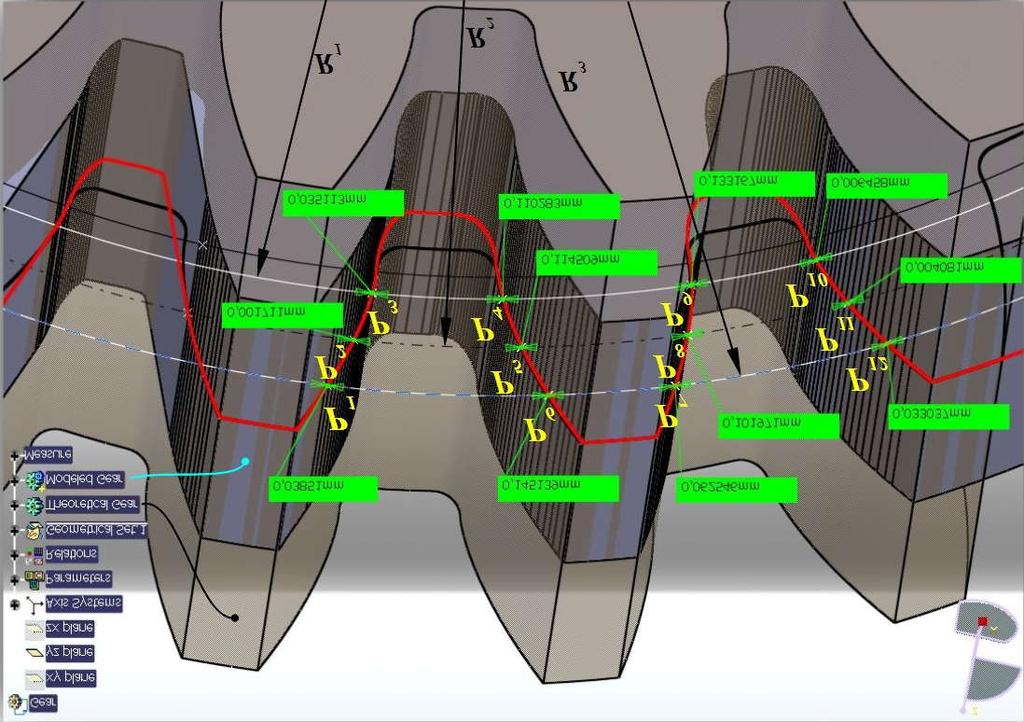 Pentru a compara cele doua modele solide ale roţilor dinţate, cea teoretică cu cea modelată, s-au considerat intersecţiile acestora într-un plan transversal, cu trei cercuri concentrice de diametre: