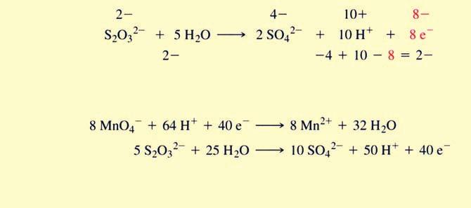 Za izramnuvawe na O-atomite se pot rebni 4 molekuli H 2 O na desnata strana vo redukciskata poluravenka i 5 molekuli H 2 O na levata strana od poluravenka ta na oksidacija.