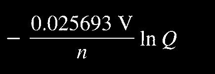 11), koja gi povrzuva ΔG, ΔG i reakciskiot koeficient Q: ΔG = ΔG o + RT ln Q Vo ovaa ravenka mo`e da gi zamenime slednive ravenki: Pritoa se dobiva ΔG = nfe }elija i ΔG o = nfe o }elija n FE }elija =
