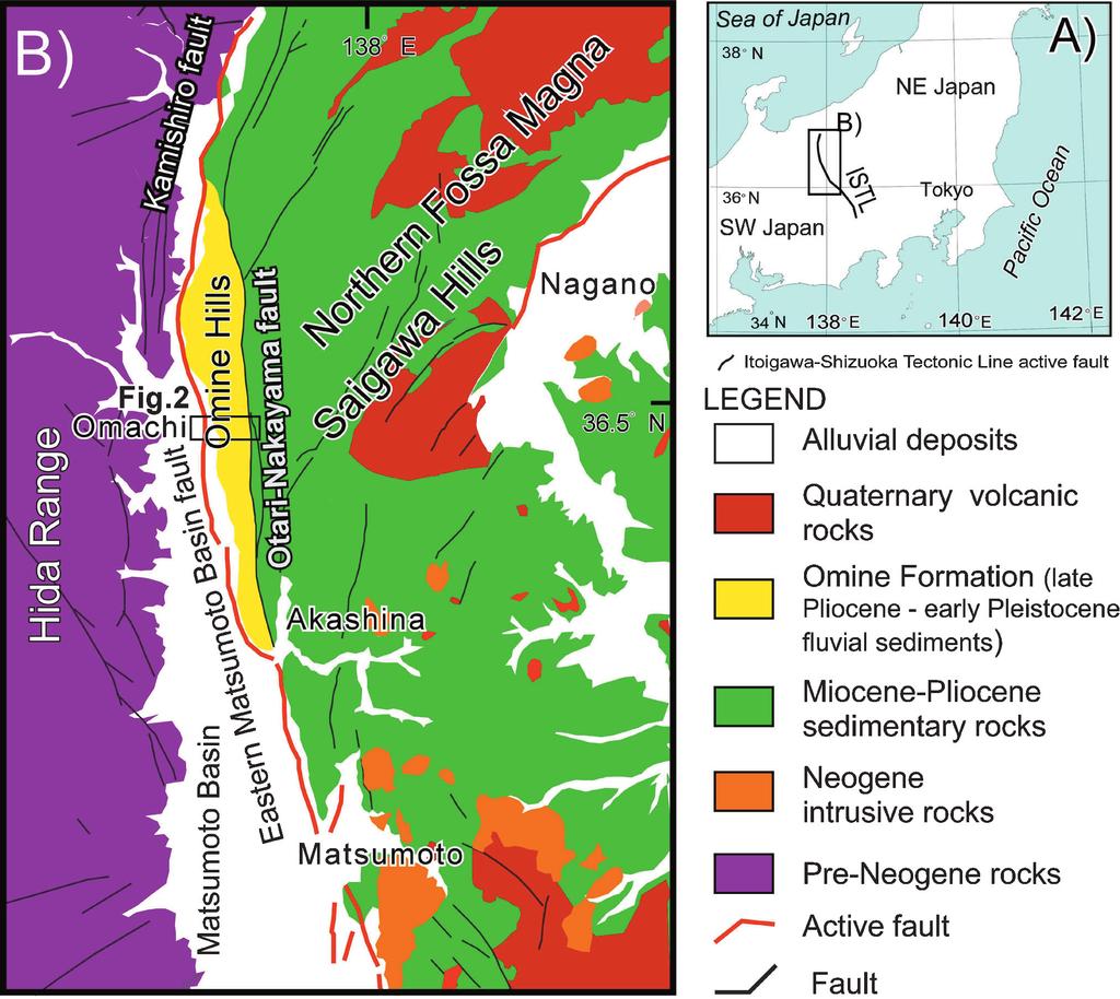 µq ¹ º» ¼ Fig. +. Geologic setting and location of the study area. A) Index map, B) Geological map along the northern part of the Itoigawa-Shizuoka tectonic line. Geological map is after Yamada et al.