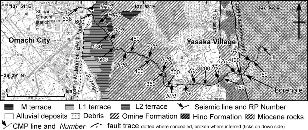 º¹a» ¼ Fig.,. Geological and geomorphological map showing the location of seismic survey line. Topographic map is modiﬁed by Geographical Survey Institute. Geologic map is after Kato et al. (+323).