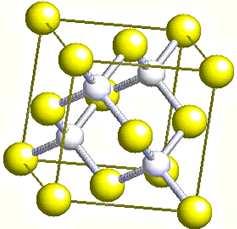 S95. O debuxo corresponde á rede cristalina da blenda, sulfuro de cinc, ZnS. As bólas brancas representan os catións Zn +2, as amarelas os anións S -2. É un composto iónico, covalente ou metálico?