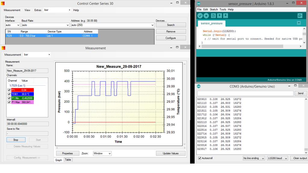 Εικόνα 4-17: Control Center Series 30 και Arduino IDE Για την καταγραφή των μετρήσεων του αισθητήρα και του μανομέτρου στον Η/Υ, χρησιμοποιήθηκαν το περιβάλλον ανάπτυξης Arduino IDE και το πρόγραμμα