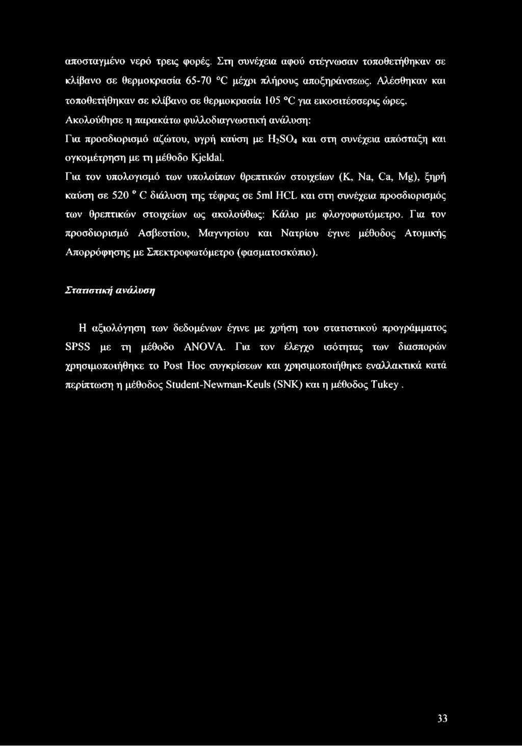 Ακολούθησε η παρακάτω φυλλοδιαγνωστική ανάλυση: Για προσδιορισμό αζώτου, υγρή καύση με H2SO4 και στη συνέχεια απόσταξη και ογκομέτρηση με τη μέθοδο Kjeldal.