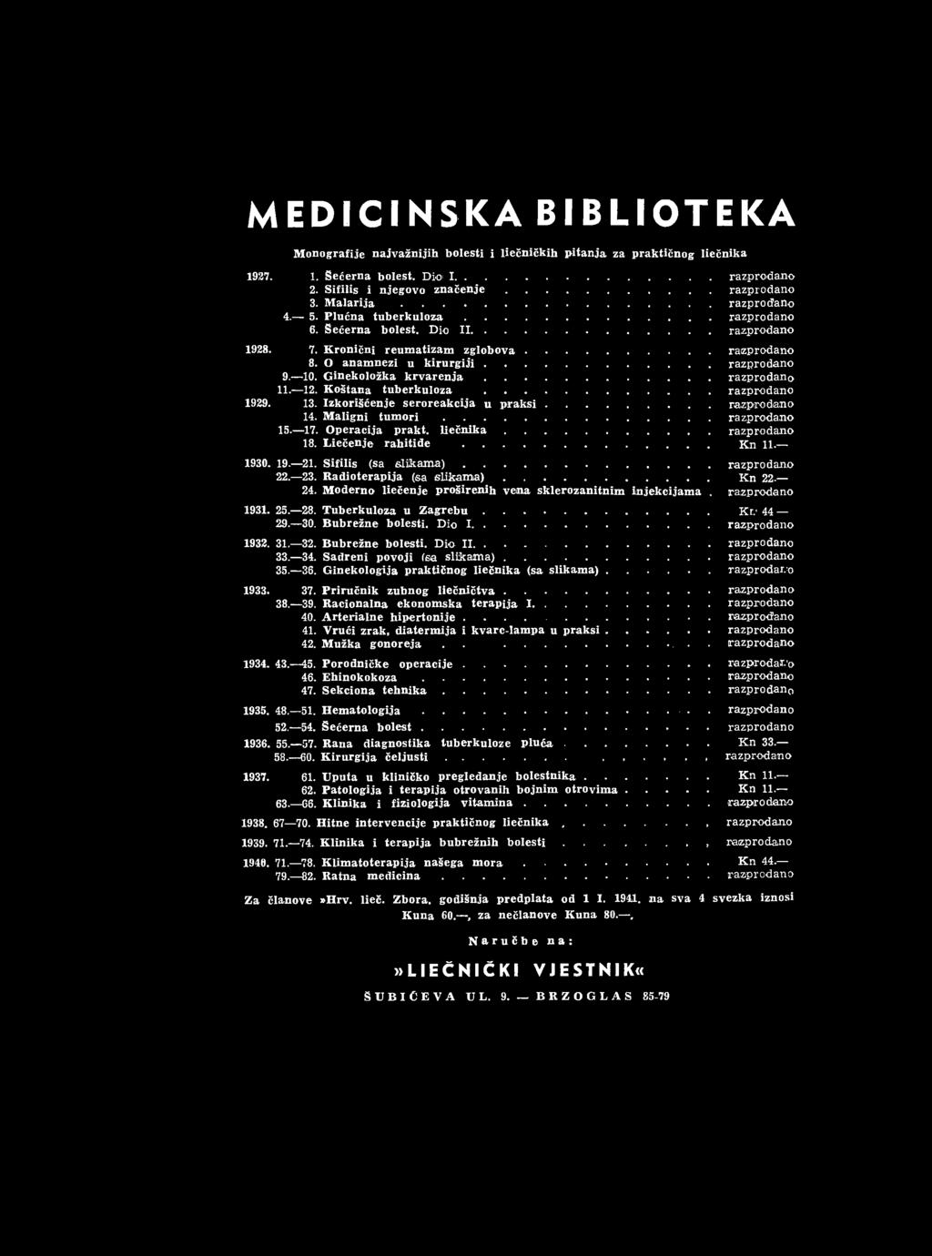 Moderno liečenje proširenih vena sklerozanitnim injekcijama. razprodano 1931. 25. 28. Tuberkuloza u Z a g r e b u Kr. 44 29. 30. Bubrežne bolesti. Dio I razprodano 1932. 31. 32. Bubrežne bolesti. Dio II razprodano 33.