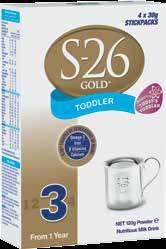 S-26 GOLD TODDLER Guida ai pasti ETÀ DEL BAMBINO BARATTOLO DA 900g DI POLVERE NUMERO CONSIGLIATO DI PASTI AL GIORNO * ACQUA DOSATORI DI POLVERE 1-3 anni 1-2 200 5 Consultare la guida ai pasti e le