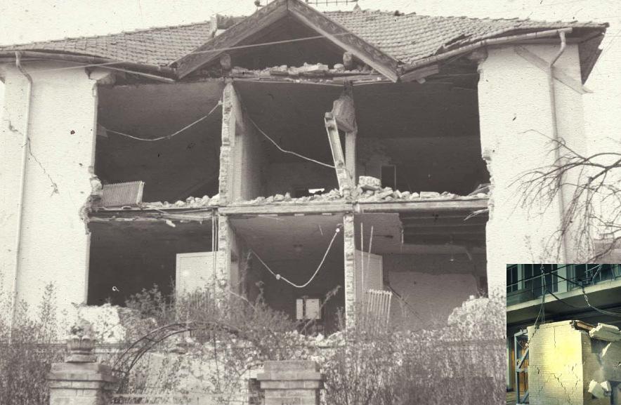 Na slikah sta prikazana dva zidana objekta po potresu. Komentirajte poškodbe in vzroke zanje.