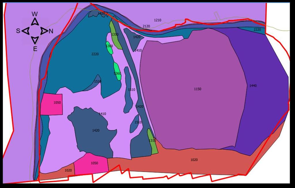 Εικόνα 1.2 Χάρτης βλάστησης τύπων οικοτόπων της περιοχής της λιμνοθάλασσας Αγγελοχωρίου (Μπαμπαλώνας 1999 2001). Οι τύποι οικοτόπων που δεν αναφέρονται στον Πίν. 1.1., αλλά παρουσιάζονται στο χάρτη βλάστησης είναι οι 1020: Αγροτικές καλλιέργειες, 1050: Οικισμοί, 1150: Λιμνοθάλασσες και 1440: Αλυκές.