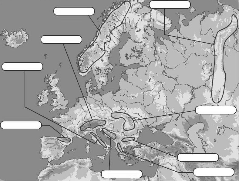ΜΑΘΗΜΑ 16. Τα βουνά και οι πεδιάδεσ τησ Ευρώπησ 1. υμπλθρϊςτε τα κενά του χάρτθ με τισ ονομαςίεσ των ψθλότερων οροςειρϊν τθσ Ευρϊπθσ. 2.
