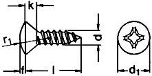 Βίδα DIN 7982 ISO 7050 Λαµαρινόβιδα µε φρεζάτο κεφάλι, για σταυροκατσάβιδο Tapping screw, countersunk head, cross recessed H, with cone point d 2,2 2,9 3,5 3,9 4,2 4,8 5,5 6,3 No. 2 No. 4 No. 6 No.