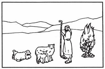 (Postavi gi figurite MC 20, MC 21, MC 24 i MC 25 - Mojsej, pastirskiot stap i ovcite.) Eden den Mojsej gi odvel ovcite na edno trevlivo mesto na planinata Sinaj.