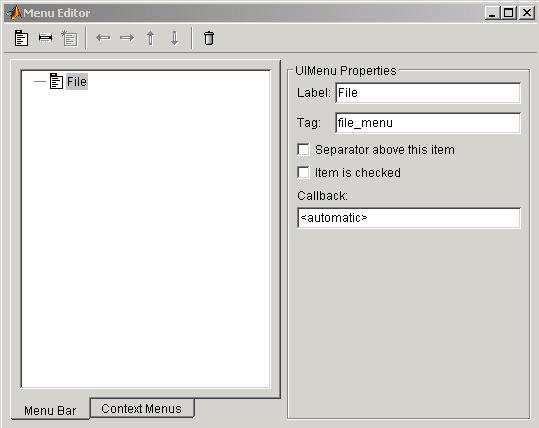 גרף 13.10: חלון -Menu Editor יצירת תפריט File כדי ליצור תת תפריט של תפריט File בחרו ב- File ולחצו על.New Menu Item באותו אופן קיבעו את ה- Label וה- Tag של תת תפריט.