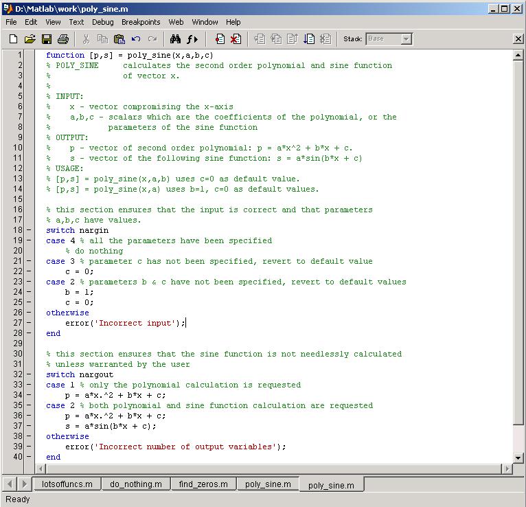 .8 חלון Editor/Debugger גרף 8.1: חלון Editor/Debugger חלון Editor/Debugger הוא החלון דרכו מבוצע הרוב המכריע של התכנות ב- Matlab. בחלון זה כותבים קבצי m. שהם קבצי הקוד ב- Matlab.
