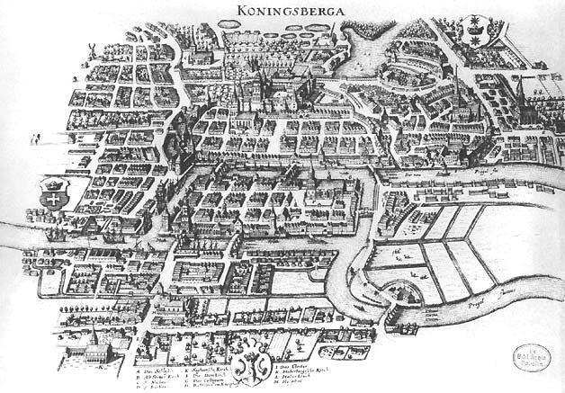 Кенингсберг са својим седам мостова, план града из 1652. године Ојлер је закључио да то није могуће. До решења је дошао на следећи начин.