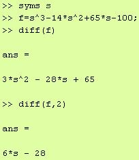 برای مشتق گیری و انتگرال گیری از توابع سیمبولیک مشتق گیری از دستورات زیر استفاده می کنیم: diff(eq), diff(eq,var),