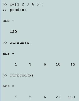 prod(x) cumsum(x) و :cumprod(x) به ترتیب حاصل ضرب مولفه های x حاصل جمع
