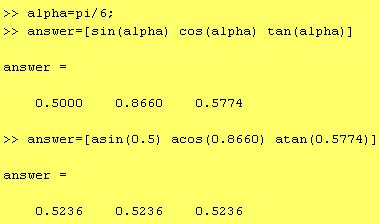 توابع مثلثاتی sin(alpha), cos(alpha), tan(alpha), asin(x), acos(alpha), atan(alpha),